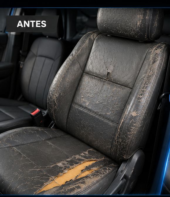 Banco automotivo antes da reforma, revestimento rasgado e desgastado