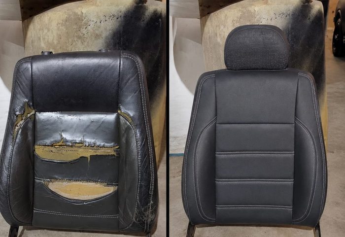 Antes e depois da recuperação de faixas desgastadas de banco automotivo